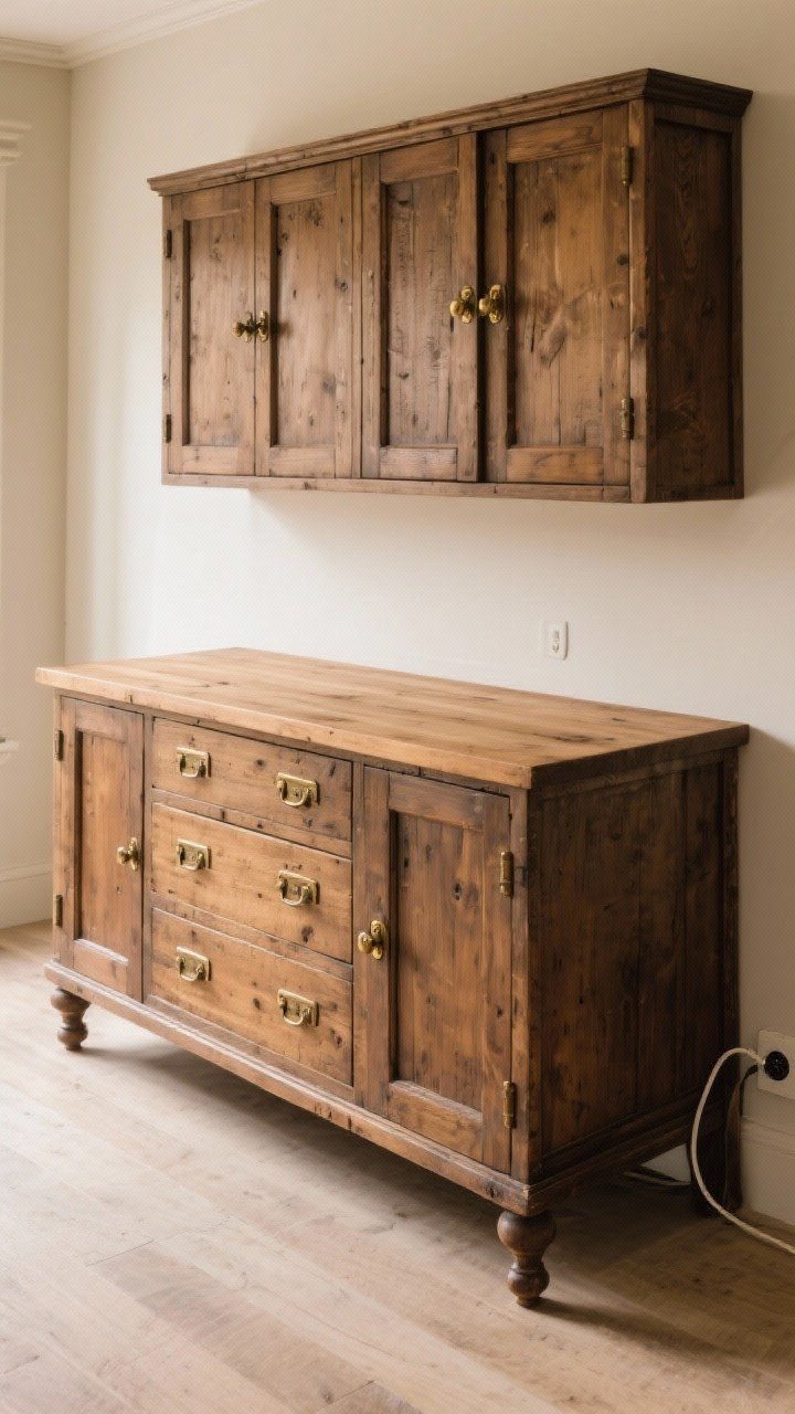 A medium, straight-on view of a vintage sideboard turned kitchen island: solid wood apothecary-style drawers with refined unlacquered brass hardware, deep cabinet doors, and a new thick plank wood top; added feet/plinth bringing height to 36 inches; a discreet grommet at the back corner for appliance cord management; soft, warm lighting highlighting aged finish and unique character.