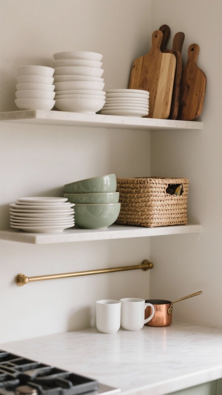 A medium, straight-on view of open kitchen shelves styled calmly: stacks of white ceramics, grouped wooden cutting boards, one accent color in muted sage bowls, and lidded woven baskets concealing small items; a shallow brass rail beneath the lower shelf with two white mugs and tiny copper pots; soft neutral backdrop and gentle side lighting to reduce visual clutter
