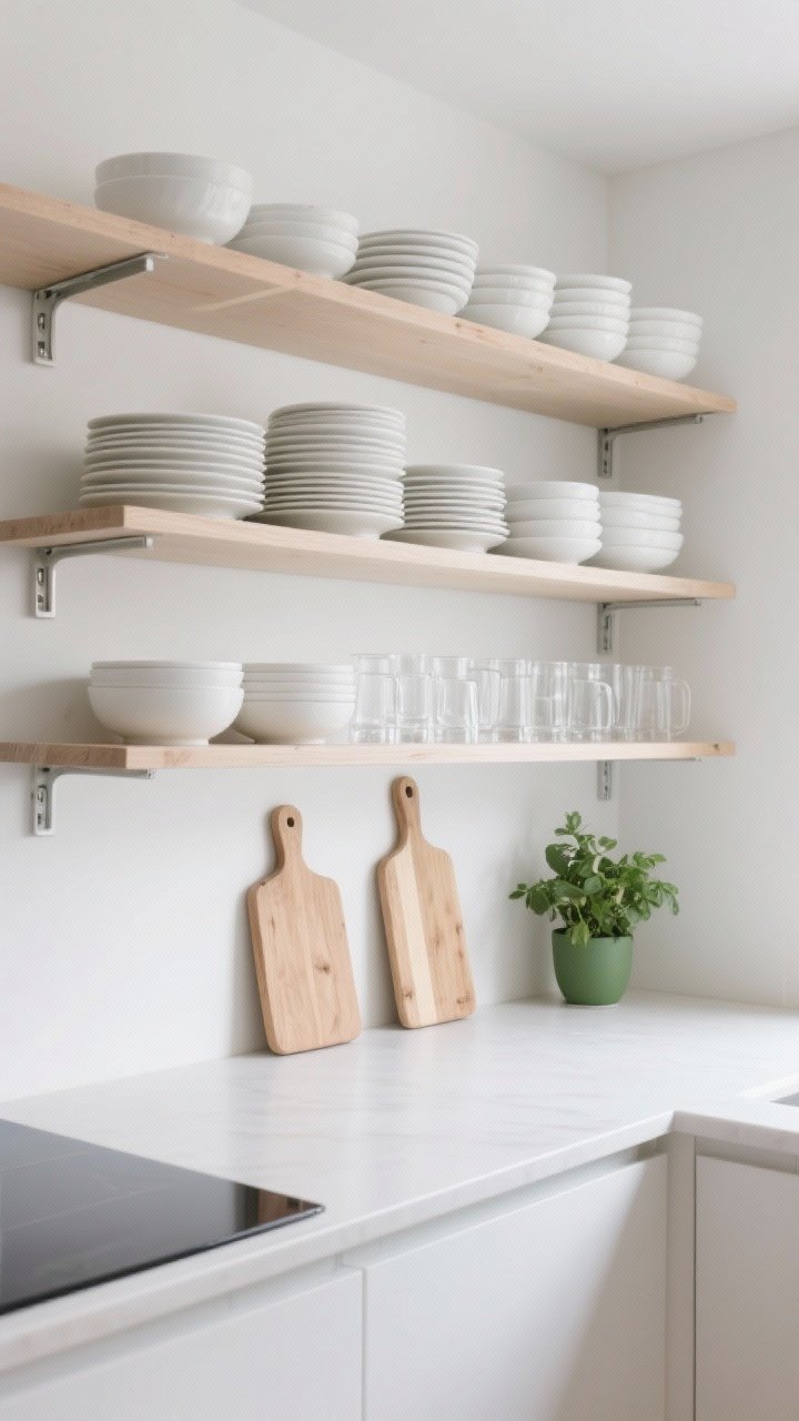 A medium, straight-on view of tidy open kitchen shelves with hidden brackets and a floating effect; shelves curated with repeated materials—stacks of white ceramic plates, smaller stacks of bowls, a neat row of clear glass mugs, two light wood cutting boards, and one small green plant; limited color to white, clear, light wood, and a single green accent; clean lines and bright, even lighting, photorealistic.