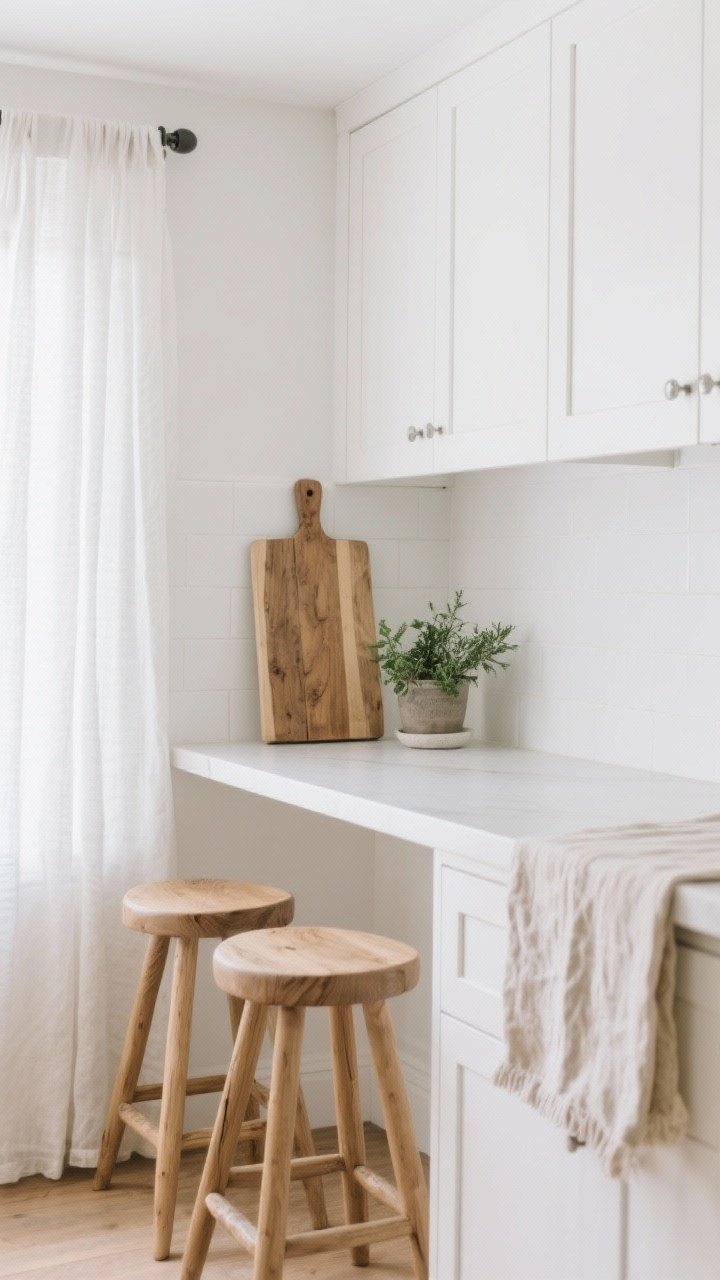 A medium, straight-on vignette of a white kitchen corner softened with warm natural accents: bright white walls and cabinets as the backdrop, light oak counter stools, a chunky butcher block board leaning against a soft white backsplash, a linen cafe curtain filtering light, a cotton runner in pale neutrals, and a small potted herb plant; calm, inviting mood with curated minimal accents