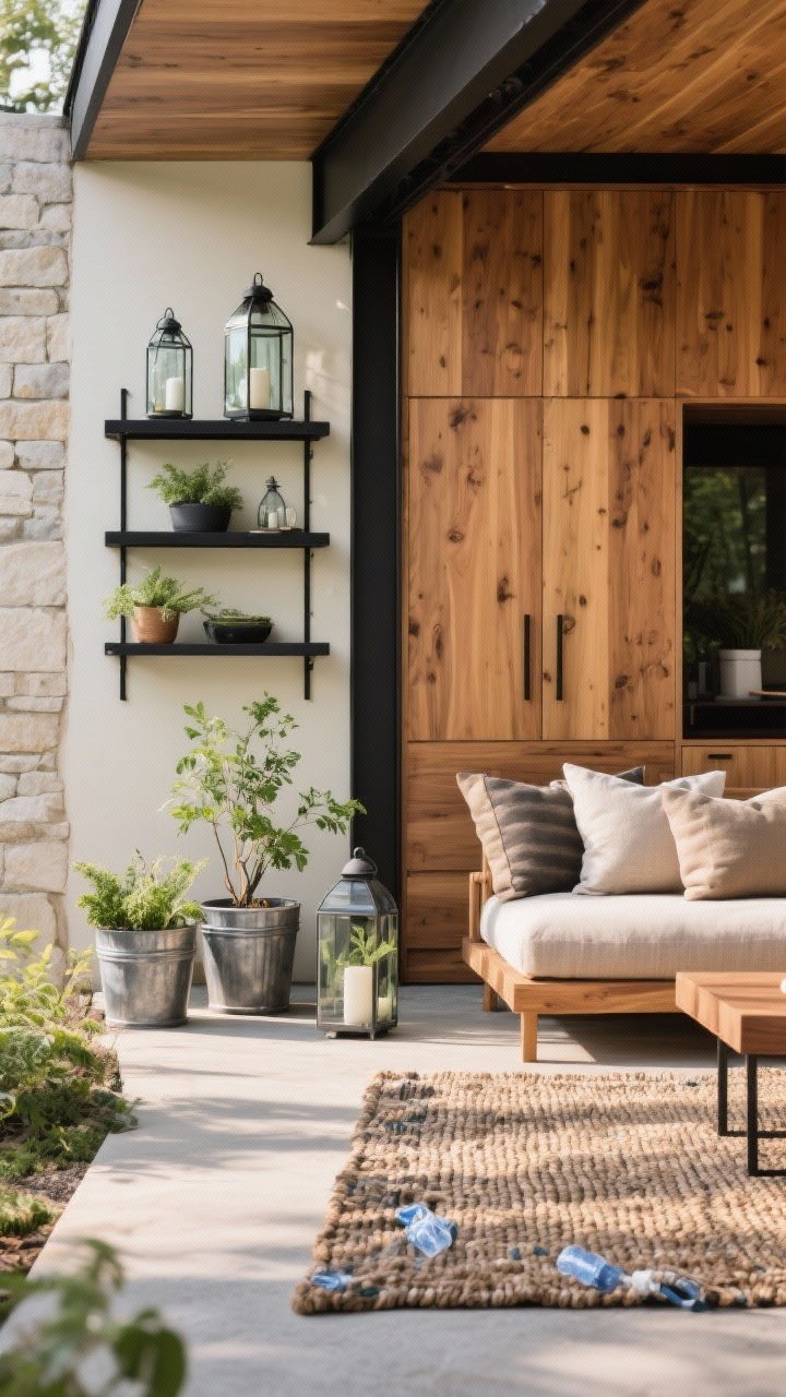 A medium, straight-on vignette of durable, planet-friendly finishes: low/zero-VOC matte sealer on warm wood cabinets, powder-coated matte black metal shelving, recycled glass lanterns, metal planters with herbs, and an outdoor rug made from recycled PET; natural textiles in solution-dyed performance fabric cushions; tight palette of warm woods, matte black, and pale stone under soft afternoon light