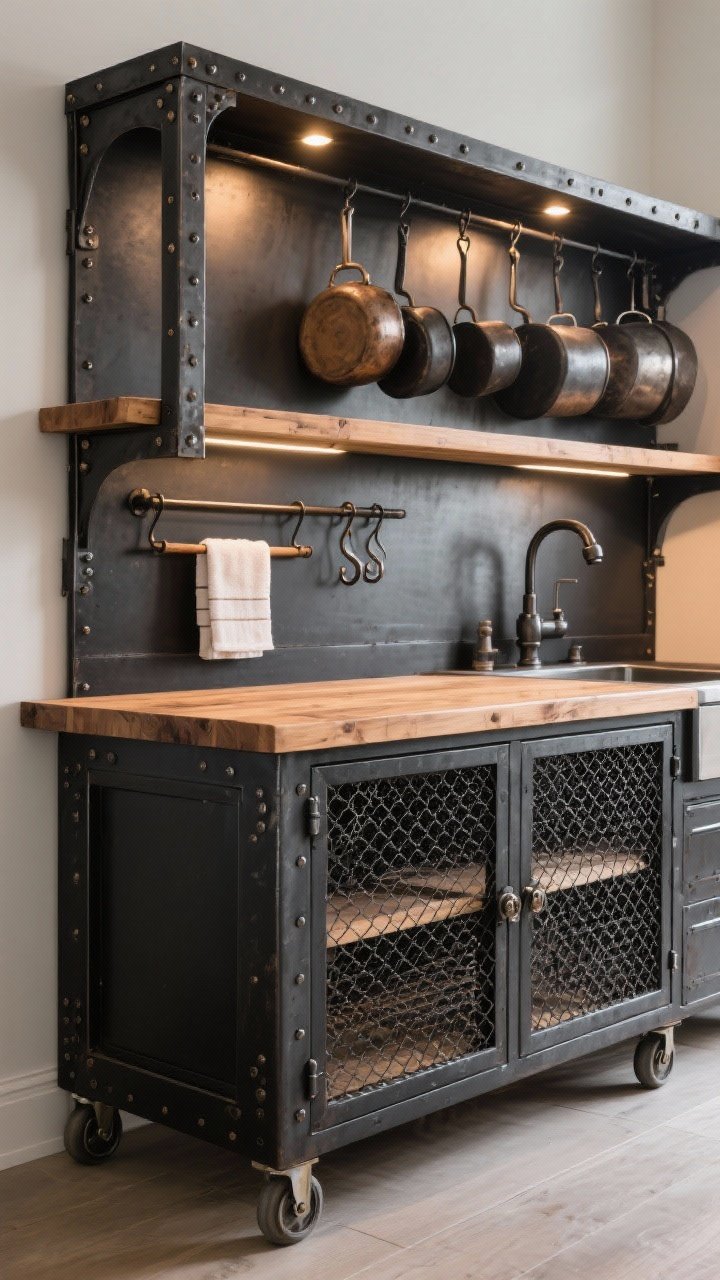 A medium three-quarter angle of an industrial-rustic island: blackened steel frame with exposed rivets, thick butcher block top, wood shelves below; wire mesh cabinet doors for breathable storage; integrated towel bars and hooks, plus a row of S-hooks with hanging pots; chunky locking casters; balanced, warm ambient lighting that keeps the metal gritty yet inviting.