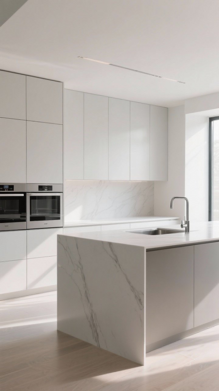 A medium, three-quarter angle view emphasizing clean lines: flat-front slab door cabinetry, panel-ready integrated appliances blending seamlessly with cabinets, and a thin-profile countertop that flows into a waterfall island; include an undermount sink with a single-lever faucet; bright, soft daylight accentuating the streamlined geometry, photorealistic.