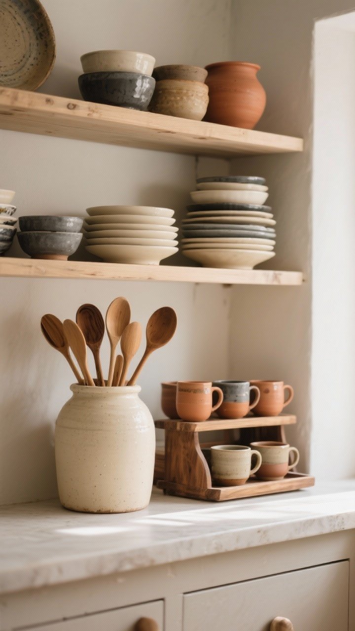 A medium vignette of open shelves showcasing stoneware crocks and handmade ceramics: a tall cream crock brimming with wooden spoons, stacked bowls and plates in cream, slate, and terracotta, and pottery mugs arranged by a small wooden tray coffee station; mix of matte and glossy glazes with visible variation; warm natural light grazing the surfaces; photorealistic.