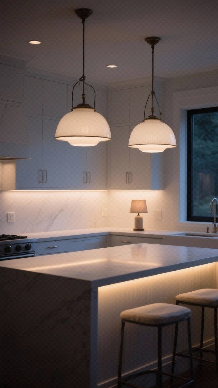 A moody evening, medium shot of an all-white kitchen illustrating layered lighting: two large milk-glass pendants over the island on dimmers, warm under-cabinet LED strips creating shadow-free counters, soft over-cabinet glow and toe-kick lighting for depth, plus a tiny linen-shaded table lamp on the counter. White cabinetry and counters read rich and high-end under varied light layers. No people.