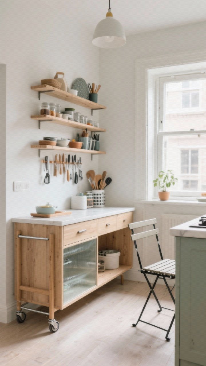 A small-kitchen wide shot featuring petite furniture with personality: a slender rolling cart parked by the prep zone with open shelves and neatly arranged tools, a narrow console island with drawers and a bottom shelf, and a folding bistro set tucked to one side. Open legs, light wood and glass elements keep the room airy and unobstructed. Soft daylight, photorealistic, corner angle to show flow and space-saving layout.