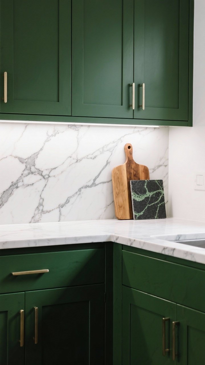 A straight-on countertop showcase where dark green cabinets meet a high-impact white Calacatta-look quartz slab with bold gray veining; include an adjacent vignette with a small section of soapstone (deep charcoal with green veining) sample leaning on the backsplash, and a butcher-block cutting board to hint at warm options; crisp, bright lighting emphasizes the veining contrast and makes the green cabinetry feel elevated.