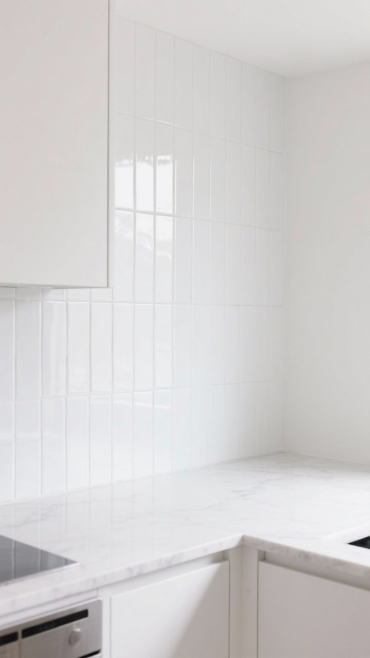 A straight-on, medium shot of a bright all-white kitchen wall focused on an eye-catching white backsplash: slim glossy white Kit Kat (finger) tiles laid vertically to create visual rhythm, paired with minimal white grout. Include a white quartz counter and simple white cabinetry, with light bouncing off the glossy tile to brighten the space. Keep the scene minimal and modern, no clutter, no people.