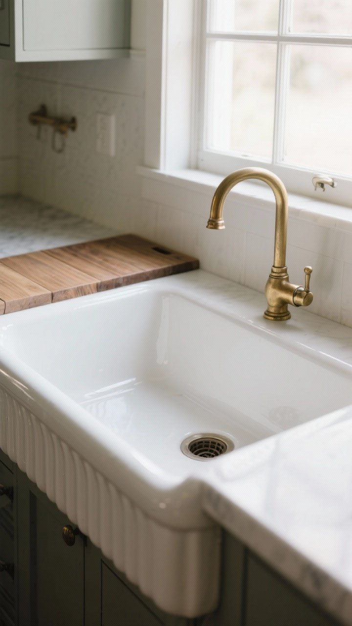 A straight-on medium shot of a deep white fireclay apron-front sink with a subtle fluted front profile; paired with a brass bridge faucet; adjacent wood drainboard integrated beside the sink; glossy yet durable surface contrasts with matte counters; soft daylight from a window above the sink highlights curves and edges; practical, vintage farmhouse vibe.