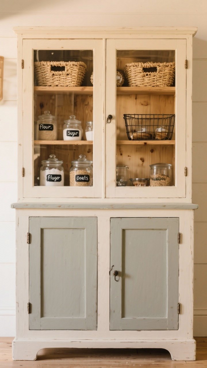 A straight-on medium shot of a freestanding vintage pie safe pantry with a two-tone finish: painted exterior in creamy greige and natural wood interior; upper glass-front doors showing seagrass and wire baskets corralling small items, and glass canisters labeled flour, sugar, oats with black-and-white labels; lower solid doors closed; ambient warm light, farmhouse character, photorealistic
