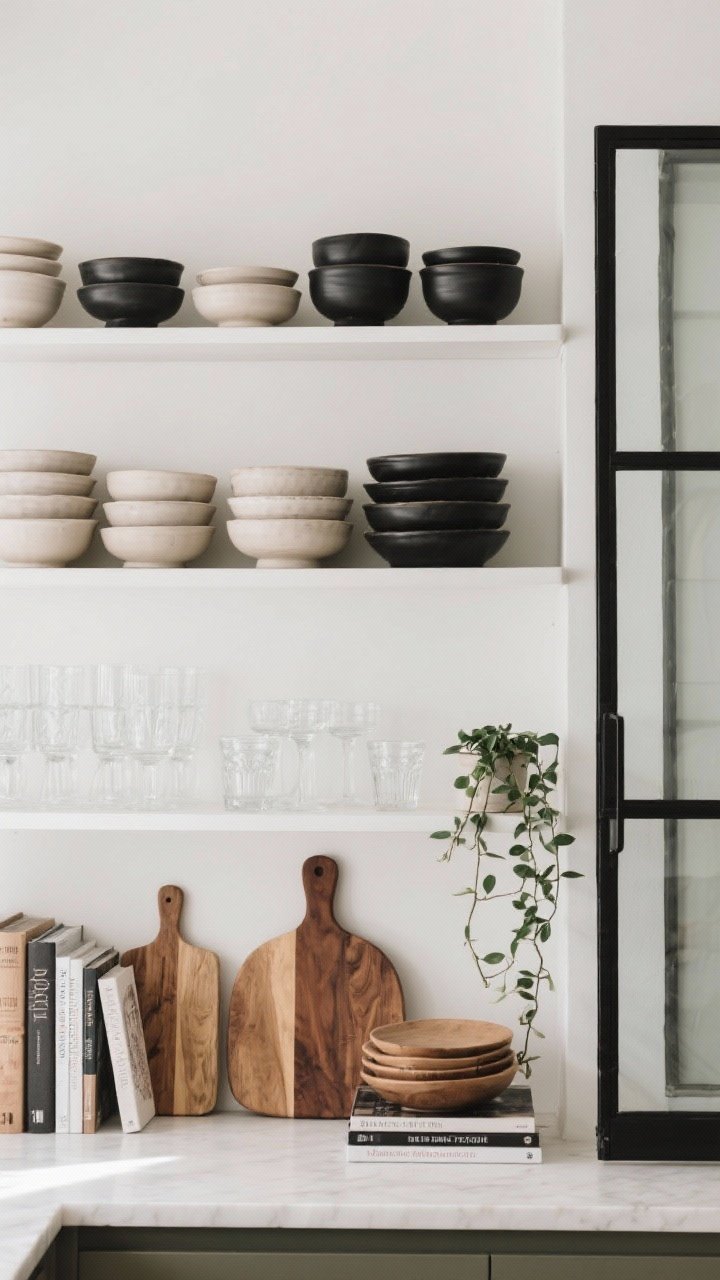 A straight-on, medium shot of styled open shelves and a glass-front cabinet: curated display of glazed ceramic bowls in neutral tones, stacked rows of clear glasses, warm wood cutting boards, a few cookbooks, and a small trailing plant; limited palette of whites, wood, and matte black accents, with repeated bowl shapes creating rhythm; soft, indirect daylight