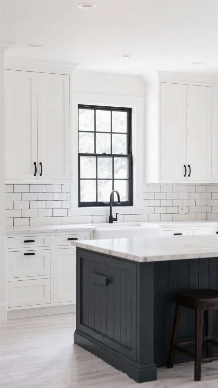 A straight-on, medium shot showing subtle contrast in an all-white kitchen: black window frames, white subway tile with charcoal grout for a graphic grid, matte black hardware on white cabinets, and a charcoal-painted island base anchoring the room. The overall effect makes the surrounding whites appear brighter. Balanced daylight, no people.