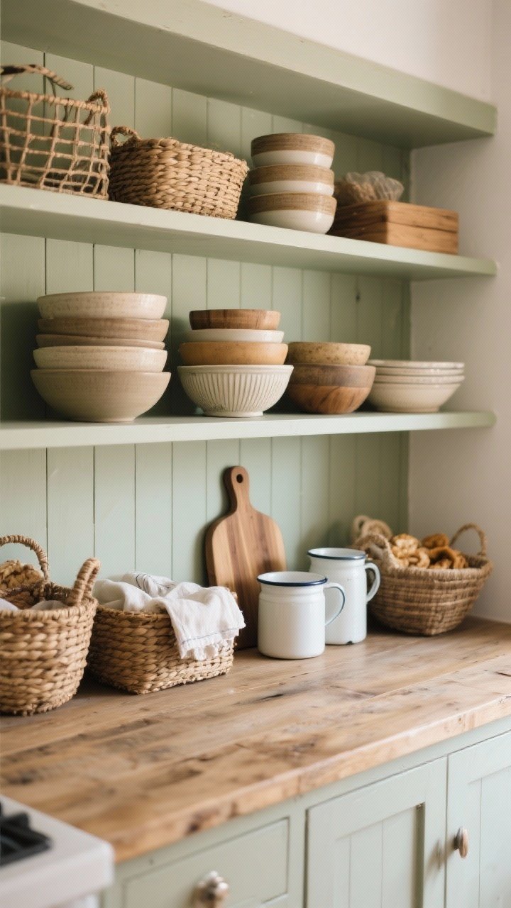 A styled closeup of open shelving on a rustic island base painted in soft sage/putty: stacked bowls and nested mixing bowls for height, layered wood cutting boards with ceramic crocks and enamelware; woven baskets corralling linens and snacks; cozy, tactile mix with gentle natural light and shallow depth of field emphasizing textures and curated everyday essentials.