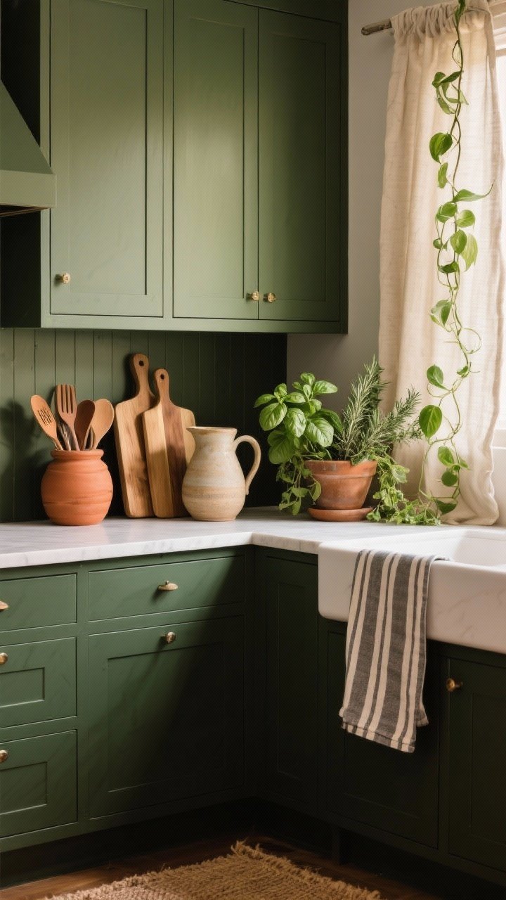 A styled countertop and shelf vignette against dark green cabinetry, featuring nature-inspired accents: terracotta utensil crock, stacked wooden cutting boards, a ceramic pitcher, neutral linen cafe curtains in the background, a striped tea towel draped over the counter, and potted herbs (basil, rosemary) with a trailing pothos; warm natural light and a jute runner edge visible at the bottom add organic texture and life.