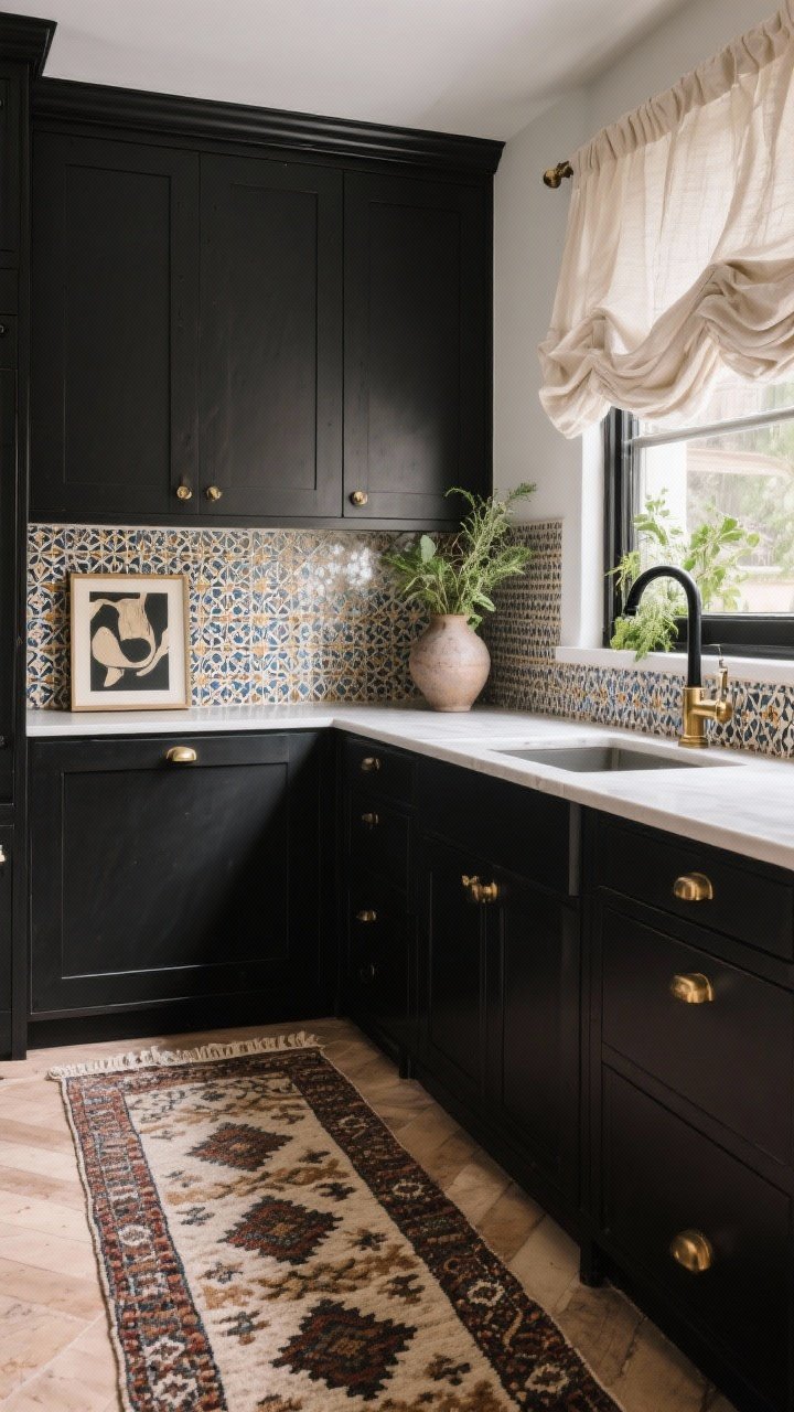 A styled medium shot highlighting color and texture balance with black cabinets as anchor: a Turkish runner on the floor for pattern, a zellige tile backsplash shimmering softly, linen cafe curtains at the window, and a touch of greenery like herbs on the sill; mixed metals used sparingly—brass hardware with a black faucet; repeat a single accent color in art, a vase, and the rug; photorealistic, collected-not-showroom vibe.