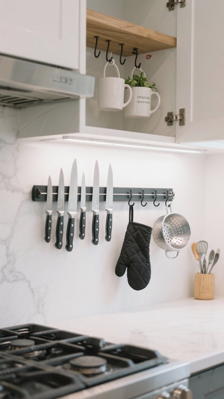 A tight, angled detail shot of vertical storage: a magnetic knife strip mounted safely away from the stove holding a curated set of knives, a rail at eye level with S-hooks for utensils, oven mitts, and a mini colander, plus ceiling/shelf hooks with two hanging mugs and a small plant. Include command hooks inside an open cabinet door holding measuring spoons. Clean, bright task lighting.