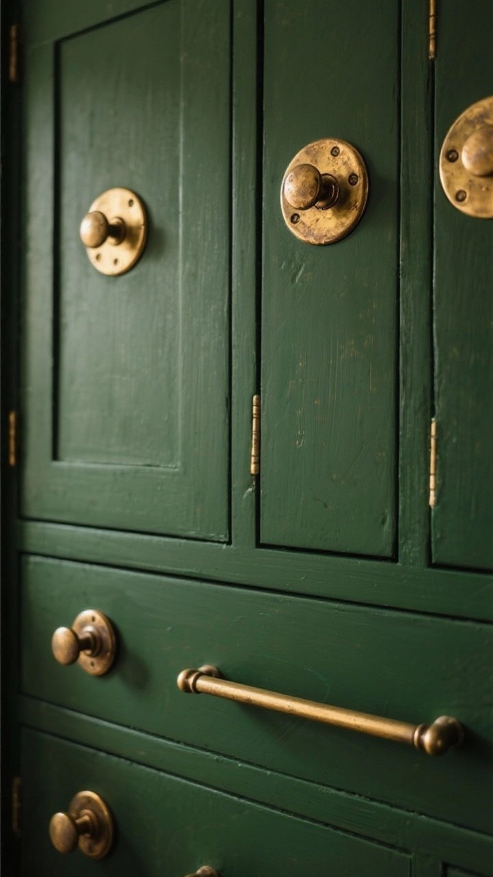 A tight detail closeup of dark green cabinet fronts with a mix of unlacquered aged brass knobs on doors and long brushed brass pulls on drawers; include round brass backplates behind the knobs to protect the paint and add vintage character; soft, warm ambient light reveals the gentle patina and hairline marks forming on the unlacquered brass against the cool green paint.