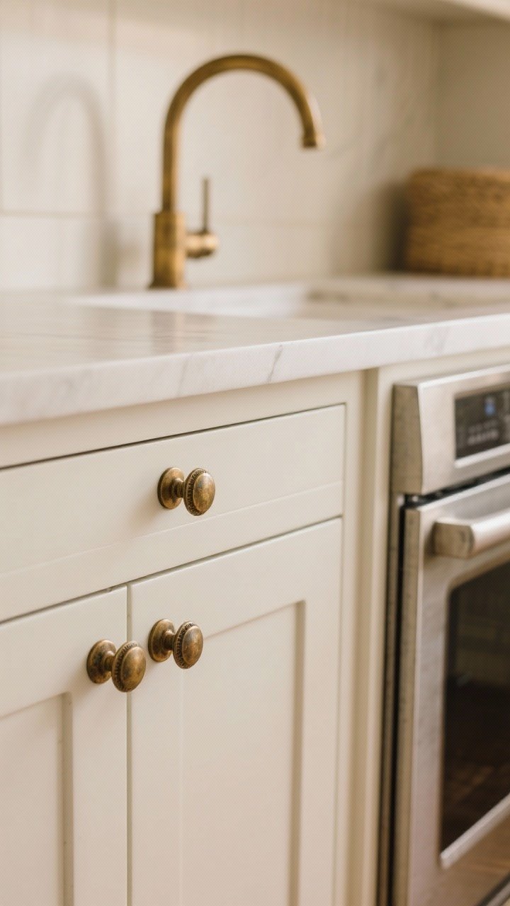 A tight detail shot of quiet hardware with character on creamy white cabinets: aged brass round knobs and bin pulls with a soft sheen, a matching unlacquered brass faucet developing a light patina, and paneled appliance fronts with coordinated pulls for a seamless, furniture-like look; diffused warm light at 3000K to flatter finishes; tactile, not shiny.