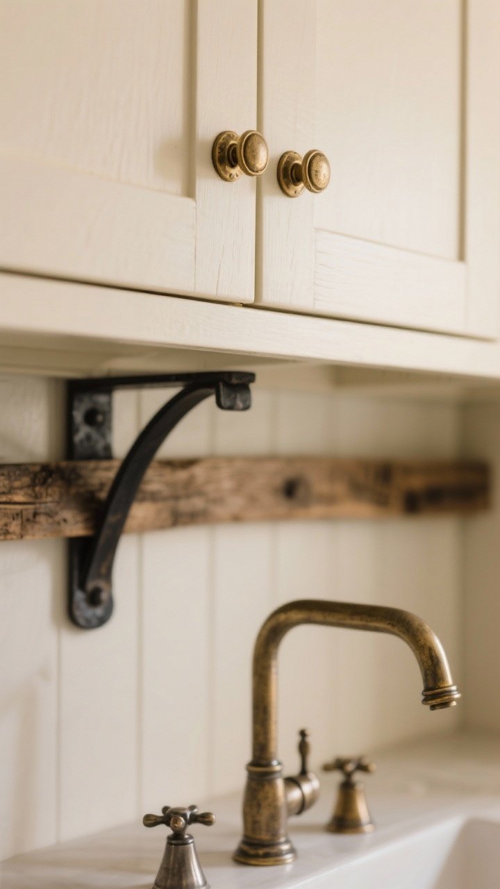A tight hardware-and-metal finish closeup: aged brass cabinet pulls on cream cabinetry, a blackened iron bracket supporting a reclaimed wood shelf, and an antique nickel faucet nearby—showing a restrained mix of two finishes; warm, diffused light accentuating lived-in patina without glare, photorealistic macro detail