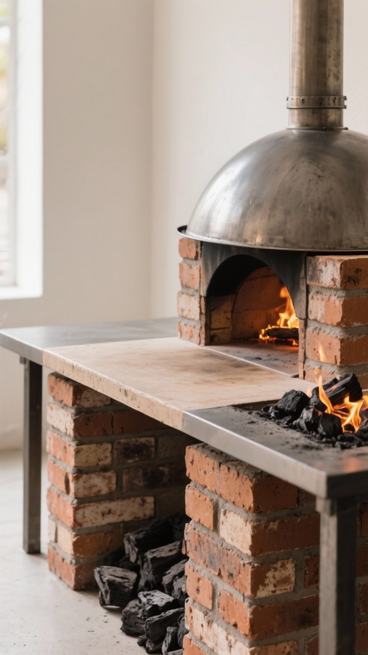A tight, three-quarter detail shot of a simple stacked-brick pizza oven lite: fire bricks forming a level cooking surface on a sturdy table, standard bricks stacked along three sides to trap heat; a steel baking dome rests nearby, with lump charcoal glowing along the edge for preheating; heat-blushed brick faces and slight soot marks visible, daylight with subtle warmth on masonry.