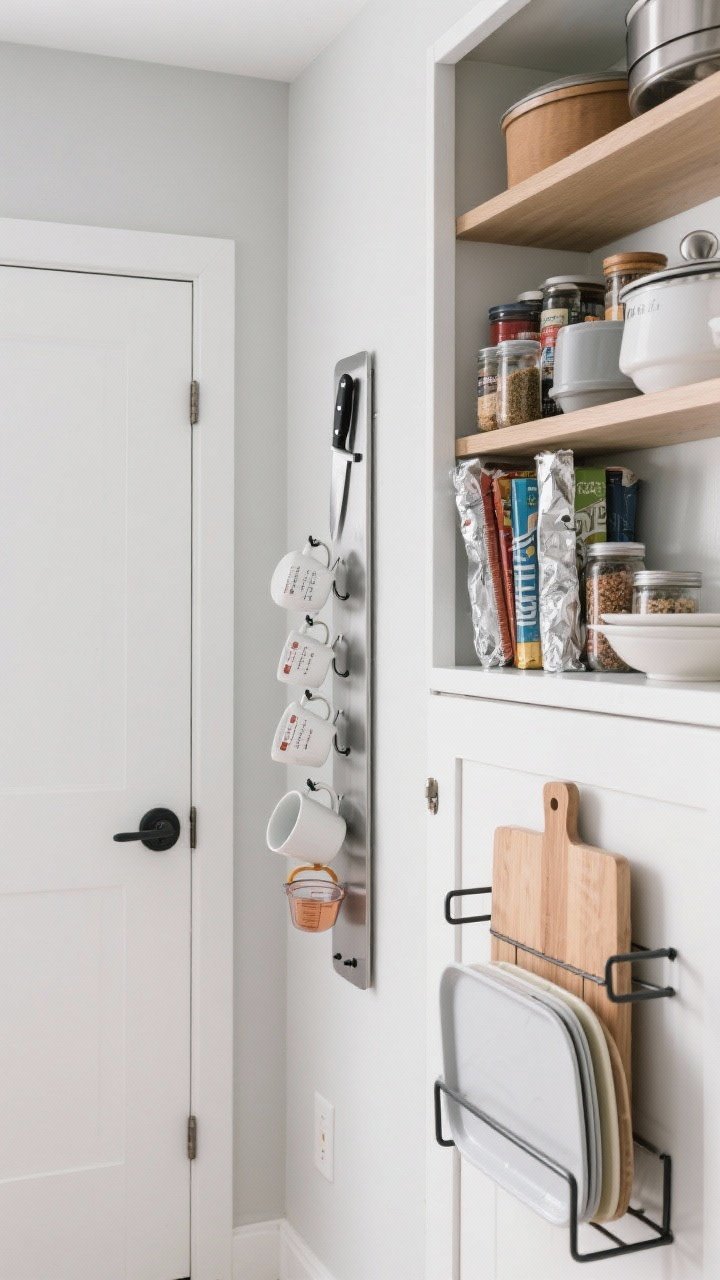 A vertical-storage-focused medium shot on a narrow kitchen wall and cabinet side: a sleek magnetic knife strip with chef’s knives, Command hooks holding mugs and measuring cups, an over-the-door organizer on the pantry door stocked with spices, wraps, and foil, and a removable cabinet-side rack holding cutting boards and tray lids. Items used daily placed at eye level, higher shelves hold bulkier gear. Bright, even lighting, photorealistic, corner perspective.