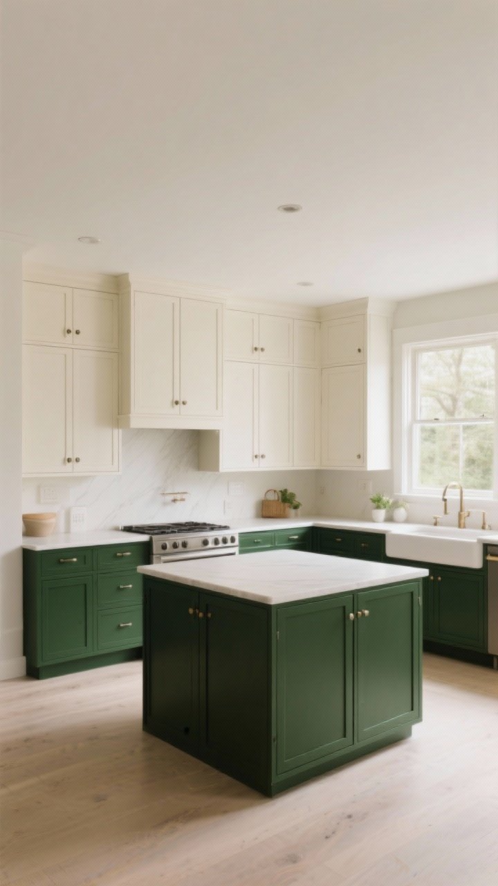A wide, airy kitchen view with dark green base cabinets and light upper cabinets in a warm white/cream, keeping sightlines open; include a flipped “island moment” where the island is dark green while the perimeter upper cabinets are light; consistent hardware across all doors and drawers ties the two-tone palette together; soft daylight and neutral walls keep the space grounded but bright.