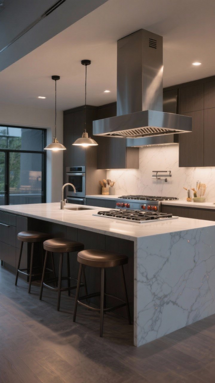A wide chef’s-table scene with an island cook zone: seating placed on the opposite side with a deeper 12–15 inch overhang and a visible 9–12 inch buffer from a compact prep sink and sleek cooktop; quartz or porcelain counters near heat and stains, a powerful hood/downdraft discreetly integrated, three stools facing the action without splash risk, evening task lighting layered with pendants for a pro-kitchen mood.
