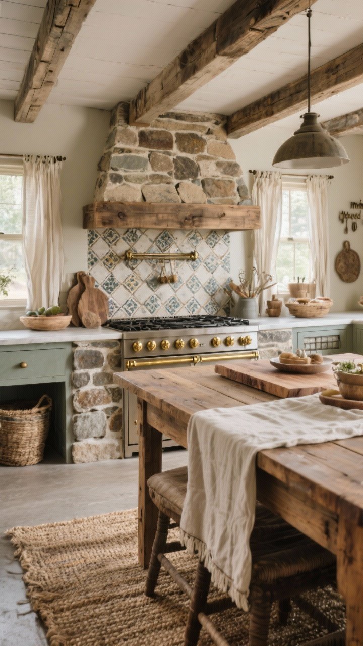 A wide, collected farmhouse kitchen scene that layers materials without people: butcher block island paired with brass hardware, handmade tile behind the range, and a subtly patinated stone perimeter; reclaimed wood accents and linen runner on the table; finishes kept matte and honed; natural textiles like cotton cafe curtains and a jute rug soften textures; warm, welcoming daylight underscores the “mixed, not matched” story.