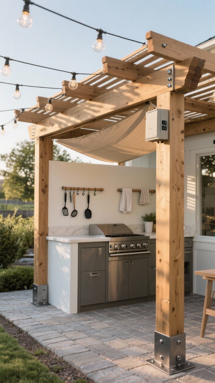 A wide corner-angle shot of a mini pergola framing an outdoor kitchen zone in late afternoon light: 4x4 posts in metal post bases anchored on pavers, 2x6 beams with lag screws, and 2x2 slats across the top casting striped shadows; outdoor globe string lights draped overhead, a weatherproof box housing a mounted power strip; hooks along a beam hold tongs, spatulas, and a towel bar; optional shade sail panel under the slats, calm summery vibe.
