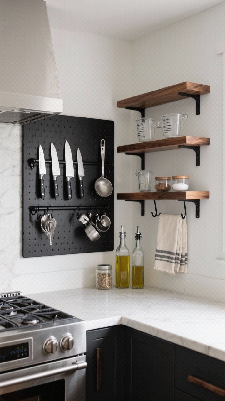 A wide, corner-angle shot of a small kitchen wall turned vertical storage feature: a sleek magnetic knife strip holding stainless knives, a black metal rail with hooks for ladles, measuring cups, and a linen towel, and shallow shelves by the stove with clear glass bottles of oil, salt cellars, and spice jars. Include a matte black pegboard panel with a few curated tools for a cohesive, modular look. Palette: stainless and black with warm wood shelves; soft, even natural light to keep it intentional and uncluttered.