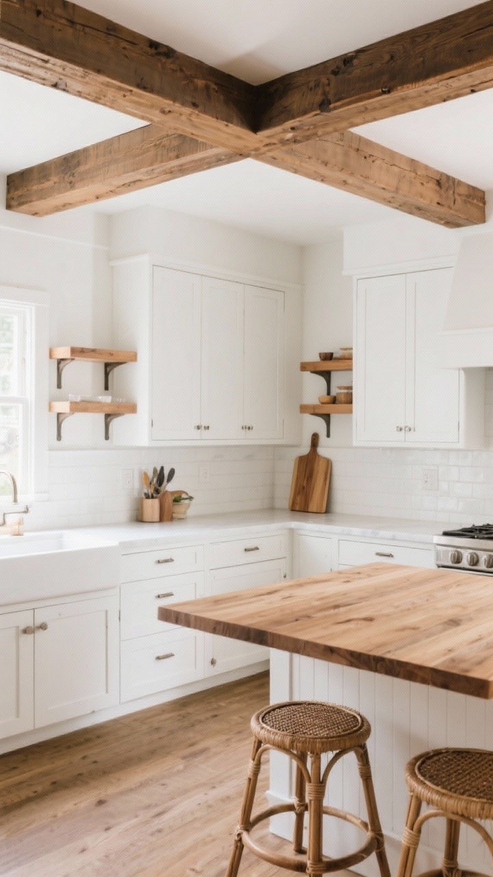 A wide, corner-angle shot of a white-and-wood kitchen: white Shaker cabinetry, oak open shelves styled lightly, a butcher-block-topped prep peninsula, and cane bar stools at the island. Add a single stained ceiling beam for texture if ceiling height allows. Include a wooden cutting board leaned against a simple white backsplash. Neutral daylight gives the space warmth without harsh shadows.