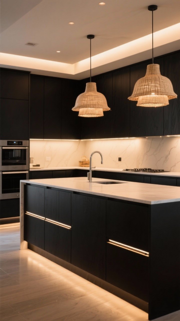 A wide, designer-lit kitchen scene with black cabinets demonstrating layered lighting: recessed ambient lights for overall brightness, under-cabinet LED task strips illuminating the countertops, and two wide pendants in natural materials (linen or rattan) over the island; warm 2700–3000K temperature throughout, with subtle toe-kick lighting adding a modern floor-level glow; photorealistic, intentional lighting hierarchy.