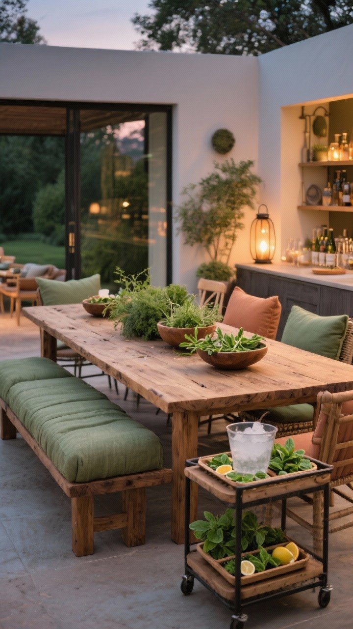 A wide dining zone built around green-centric textures: FSC teak or reclaimed wood table with a soft food-safe oil sheen, mixed chairs and a bench with washable outdoor cushions in earthy sage and clay tones, a low herb centerpiece in shallow bowls for snipping at dinner; a compact bar cart with built-in ice bucket and trays of mint, citrus, and basil; warm twilight ambiance, subtle lantern glow, no people.