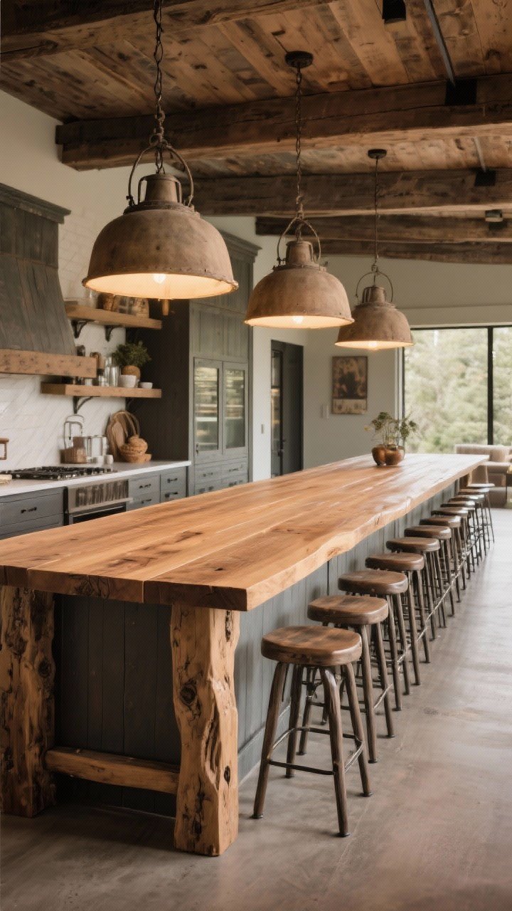 A wide, dramatic shot of an extra-long entertainer’s island: an eight-foot plank top with breadboard ends, chunky legs, generous waterfall overhang on one side; seating for multiple counter stools with 12–15 inches of knee clearance and 24-inch spacing; clear 36–42-inch circulation around; overhead trio of oversized pendants providing warm, glamorous illumination over a rustic setting.