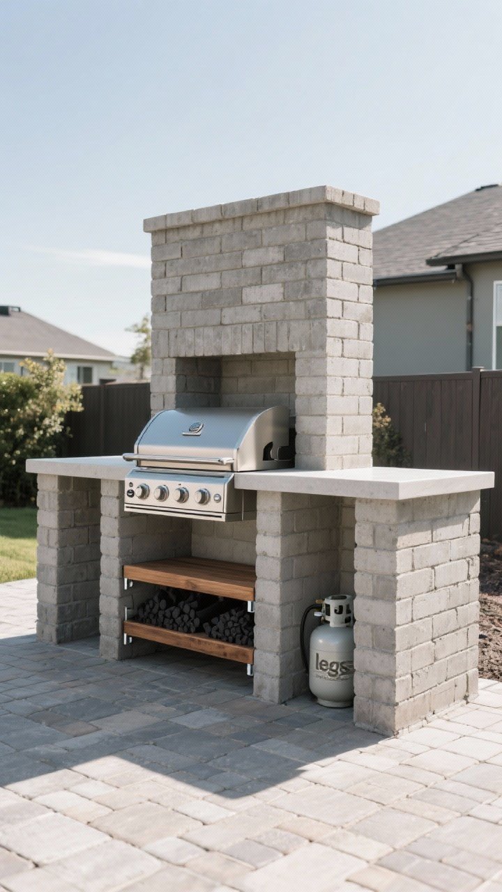A wide exterior shot of a cinder block grill station on a paver patio in daylight, featuring two side “legs” and a back curb dry-stacked and bonded with masonry adhesive, capped with smooth concrete pavers as the countertop; a freestanding grill sits within a clear 3-inch heat gap; a lower shelf with a stained wood board and metal brackets stores charcoal and propane; subtle shadows, raw concrete texture and block seams visible, clean modern vibe.