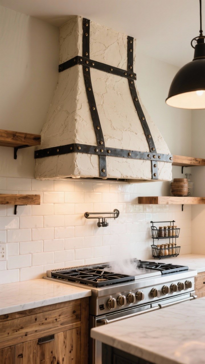 A wide focal-wall shot of a rustic statement range hood: plaster-clad hood in warm off-white with black metal strapping and rivet accents over a tiled backsplash, flanked by wood shelves; a matching wood riser on the counter and a small black metal spice rack echo the materials; stainless range below with steam softly lit; bright but warm task lighting; photorealistic.