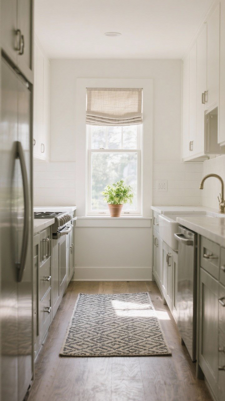 A wide galley-kitchen shot highlighting soft finishes: a low-pile, washable patterned runner with a grippy rug pad in front of the sink, and a window dressed with simple, neutral light-filtering Roman shades that bounce daylight. A tiny herb pot sits on the sill adding life and color. The overall mood feels intentional and pulled together, with natural light flooding the space.