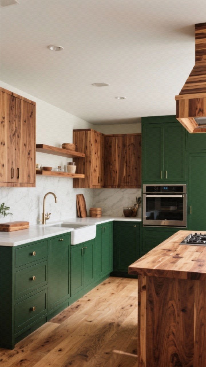 A wide kitchen shot with two-tone cabinetry: dark green lower cabinets and warm oak upper cabinets, complemented by medium-warm wood flooring; include wood accents like floating oak shelves and a butcher-block island top, plus a wood-wrapped range hood; the palette feels balanced—dramatic green grounded by natural wood warmth; daylight illuminates natural grain texture and the deep green color.