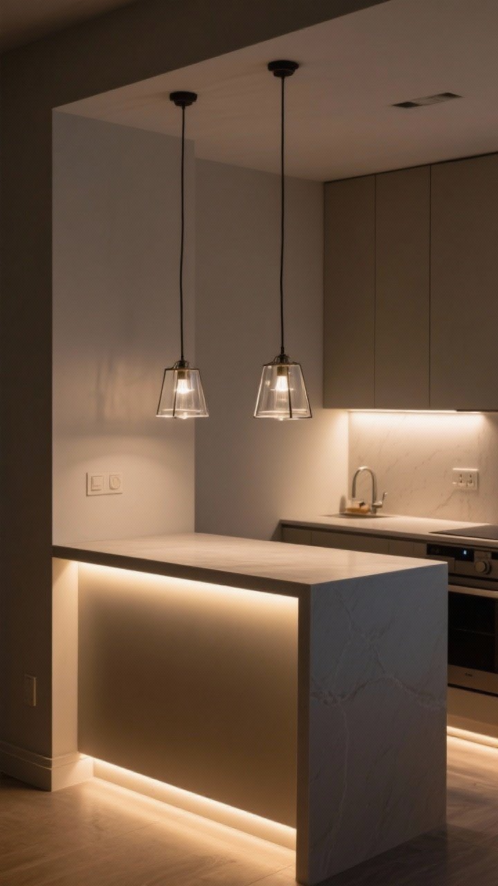 A wide, moody-to-bright lighting vignette of a small kitchen island: two small clear or open-frame pendants over the island, under-counter LEDs washing the work surface, and a gentle toe-kick glow creating a floating illusion; all fixtures set on dimmers for layered illumination; neutral palette with warm highlights; corner angle capturing even light distribution with no dark corners