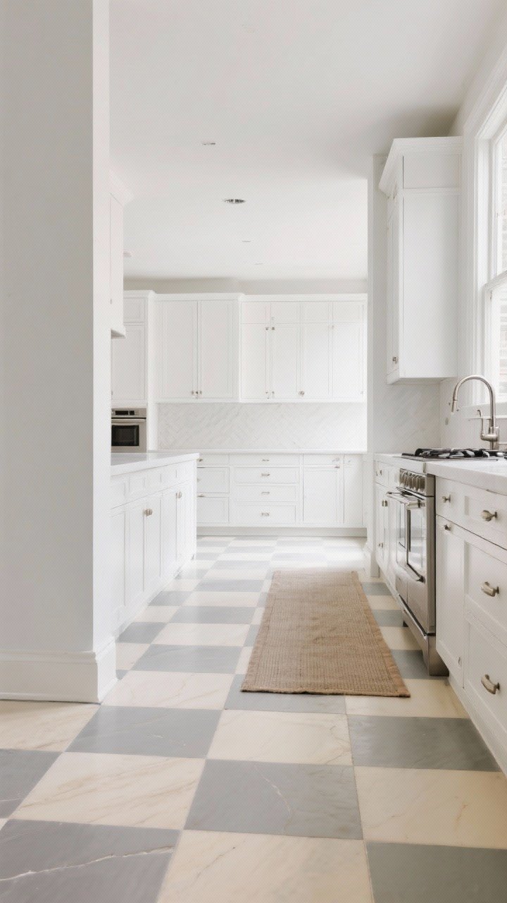 A wide room shot focusing on patterned flooring beneath an all-white kitchen: a classic checkerboard floor in soft gray and cream, long white cabinets and a white island above to keep the space airy, and a washable neutral runner that subtly ties in wood and metal tones elsewhere. Bright, even daylight; clean lines; no visual clutter. No people.