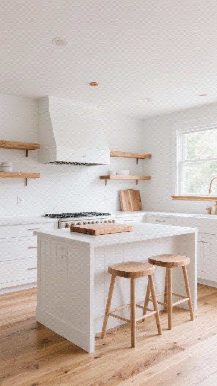 A wide room shot of a bright, airy white kitchen warmed with light-to-medium wood accents: white oak open shelving styled sparingly, a small butcher block inset on the island, minimalist wood stools with clean lines at the island, and a simple wood trim detail around a white range hood. Natural daylight, calm cohesive vibe with wood shelves matched to wood floors, photorealistic, no people.