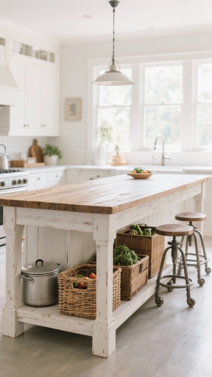 A wide room shot of a chunky farmhouse table island used as an island: thick legs, plank top with stretcher base, gentle whitewash/limed finish that keeps the rustic grain; lower shelf holding woven baskets, a Dutch oven, and produce crates; counter-height stools along one side for a breakfast bar; hidden casters barely visible; airy daylight in a bright kitchen, inviting and casual mood.