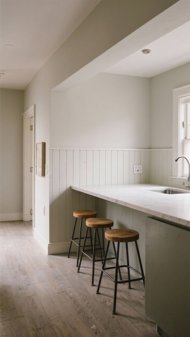 A wide room shot of an overhang-only peninsula hugging a wall in a small open-concept kitchen: seating kept to the open side with three small stools, back panel finished in durable, scuff-resistant paneling or beadboard, integrated power nearby, clear pathways preserved; natural light, matte paint base, subtle foot scuffs avoided by the durable back surface, compact yet social layout.