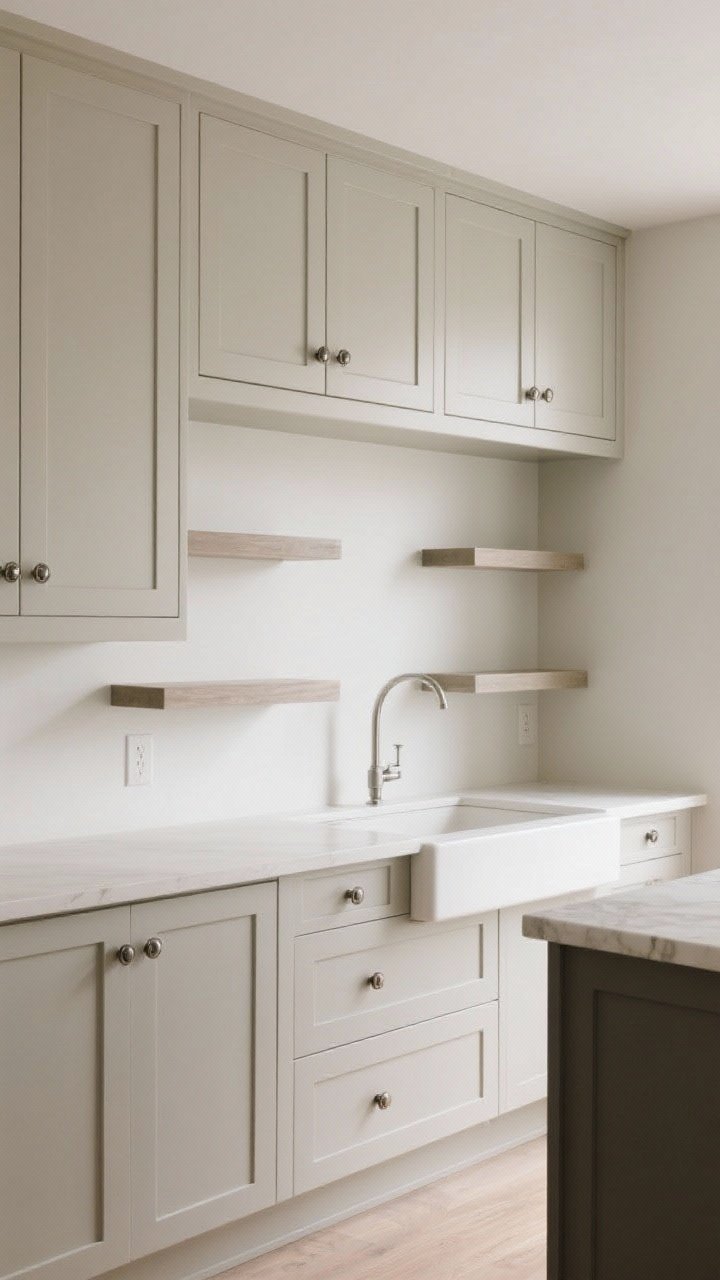 A wide shot emphasizing budget and impact choices: stock upper cabinets in a calm neutral with upgraded, stylish knobs and pulls; a focal wall of floating shelves