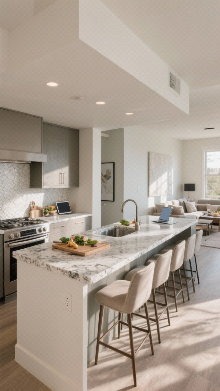 A wide shot facing a two-tier island: 36-inch prep counter in front with active chopping zone and a 42-inch raised dining bar shielding the mess; bar-height stools with supportive backs lined along the raised side, discreet outlet on the raised face for laptops, soft afternoon light, sink splash shield effect visible, quartz counters with subtle pattern and a calm, tidy visual separation toward an adjacent living area.