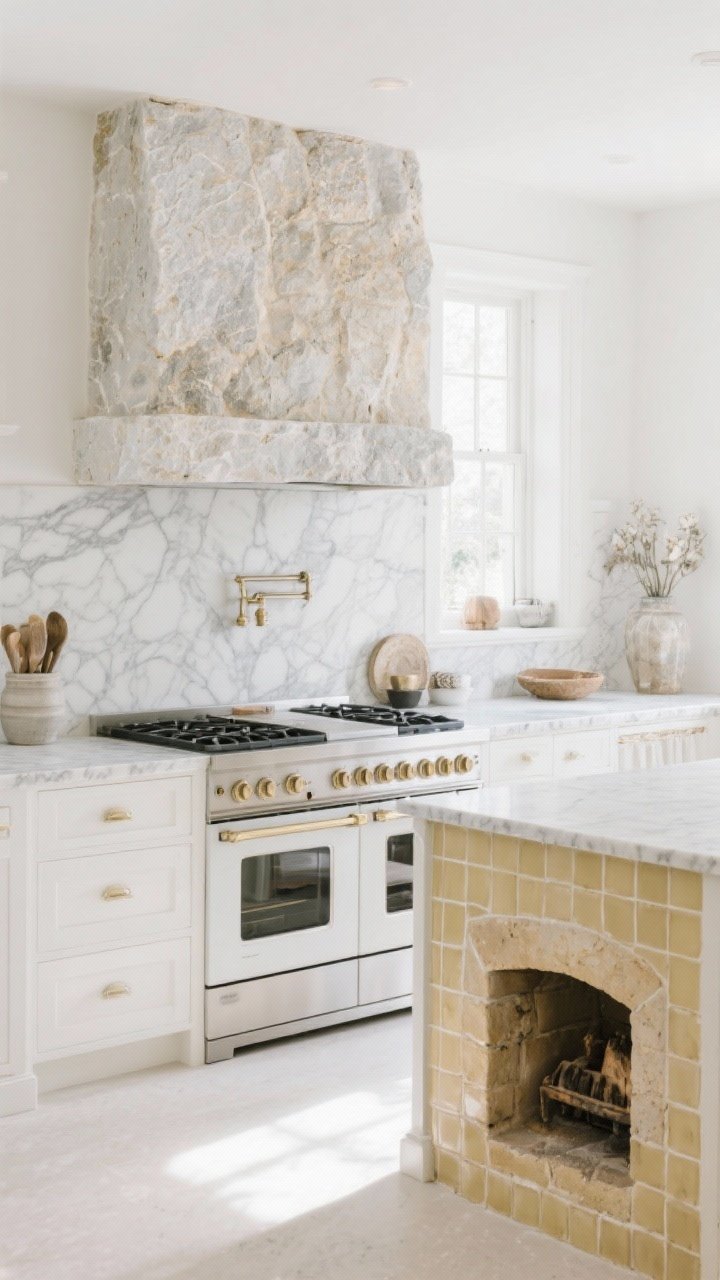 A wide shot of a bright white kitchen highlighting collected-feeling stone: soft gray-veined marble (or marble-look quartz) countertops, a stone slab backsplash rising behind the range for quiet luxury, and a section of buttery limestone tile near a hearth-like area; warm, indirect daylight revealing gentle movement in the stone; overall timeless, European calm.