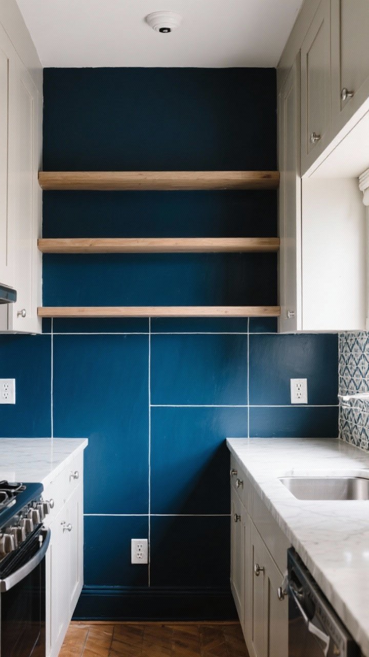 A wide shot of a compact kitchen with a high-contrast painted backsplash wall: deep navy satin finish behind light cabinets, tape lines creating a crisp, clean stop behind open shelves. Semi-gloss sheen catches light near outlets and counters with meticulous taping visible. Optionally include a small section of removable peel-and-stick tile pattern adjacent for texture. Balanced natural and task lighting for instant drama without feeling cramped.