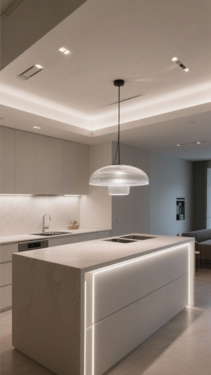 A wide shot of a minimalist kitchen island lit by a single bold pendant in frosted glass, with clean-lined under-cabinet LED strips creating an even counter glow; recessed ceiling fixtures on dimmers provide ambient light; no busy chandeliers, just sleek, sculptural lighting that keeps sightlines calm; neutral palette and crisp shadows, photorealistic.