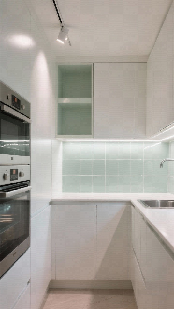 A wide shot of a small monochrome kitchen glowing with layered light: soft white cabinets, pale sage accents, satin-sheen backsplash tiles that subtly reflect light, and glossy appliances that bounce illumination; include task lighting under upper cabinets, a slim track light for ambient glow, and an LED strip accent on an open shelf; walls and cabinets color-matched to blur visual lines; bright, balanced lighting, photorealistic.