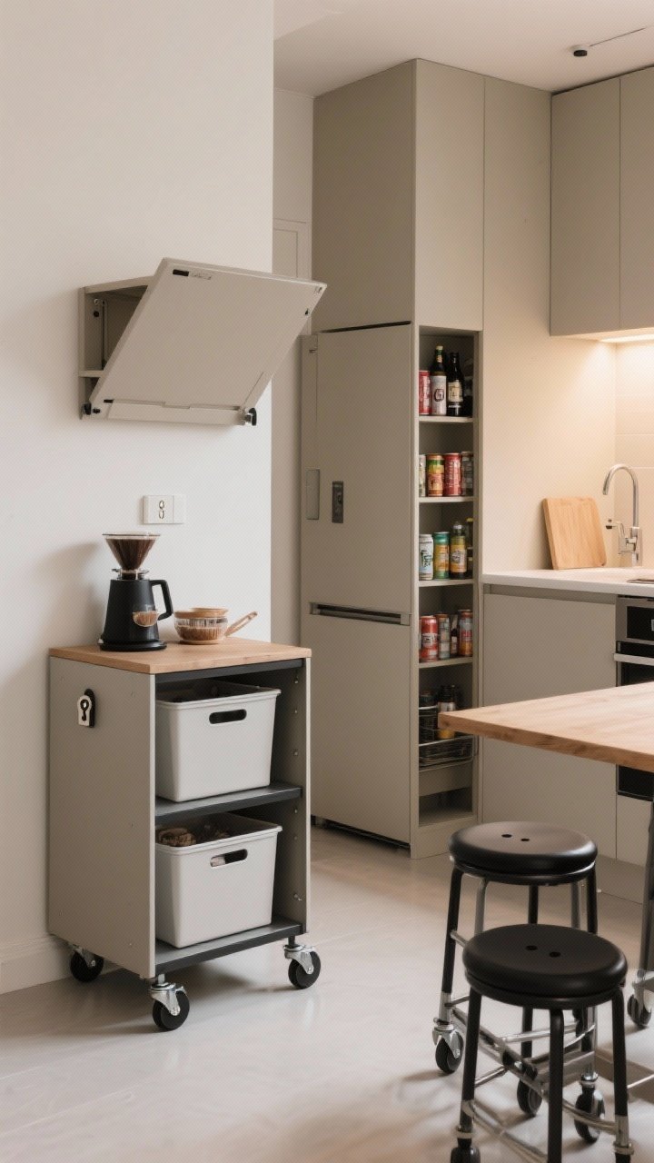 A wide shot of a tiny kitchen enhanced by mobile pieces: a slim rolling cart styled as a coffee or baking station with closed bins for a tidy look, a fold-down wall table open as extra prep space, a skinny pantry cart tucked beside the fridge with cans and bottles, and stackable stools that can double as step ladders. Neutral finishes with black casters (locks visible), soft ambient lighting, and clear floor space for flexible flow.